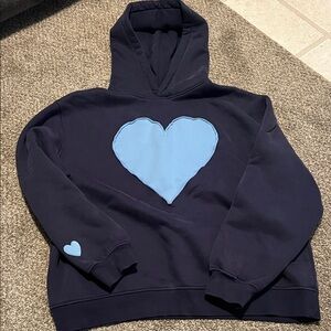 Women's Navy Hoodie with Light Blue Heart Patch oversized small